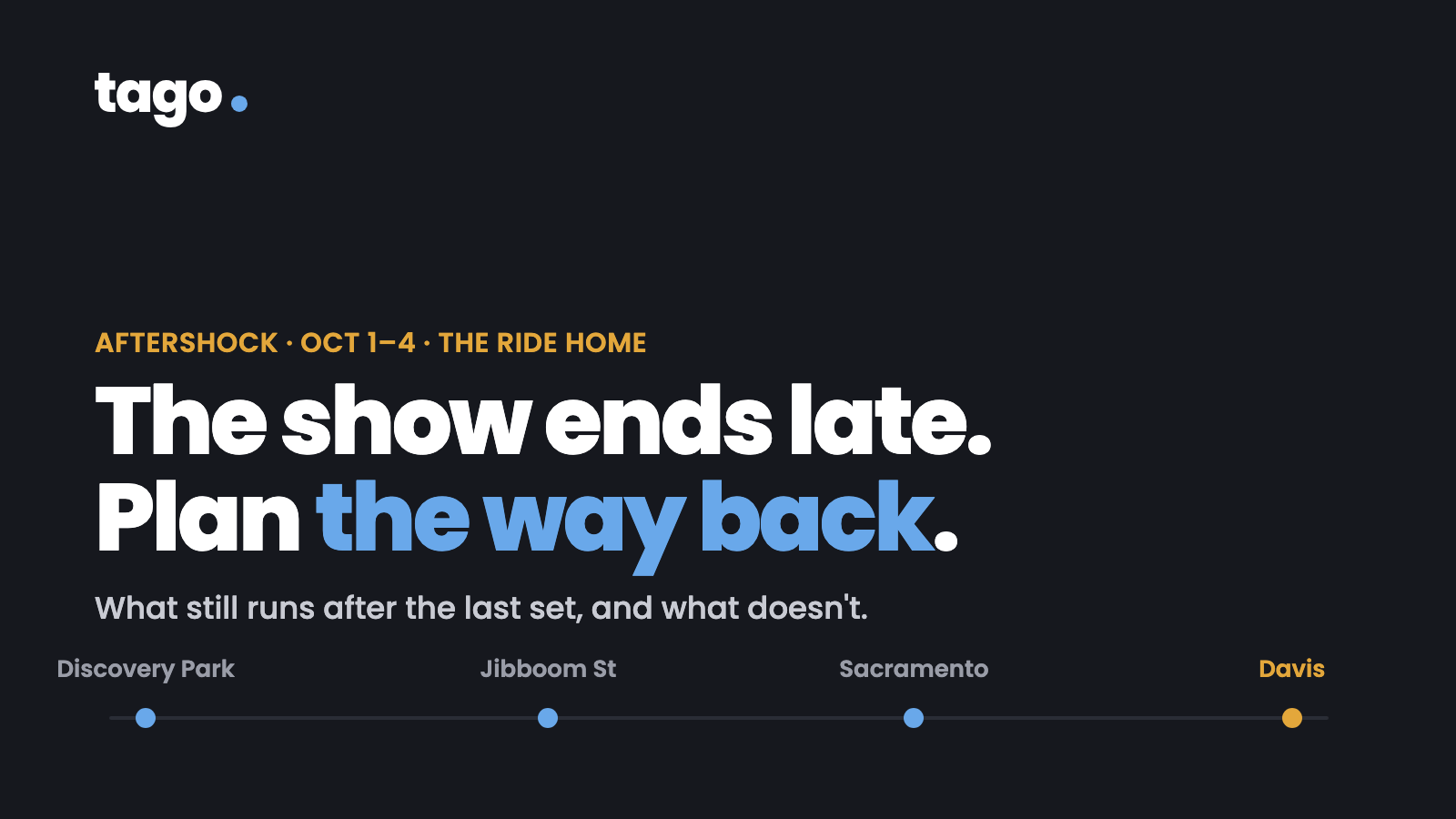 Dark card: The show ends late. Plan the way back. A route line running from Discovery Park through Jibboom St and Sacramento to Davis.