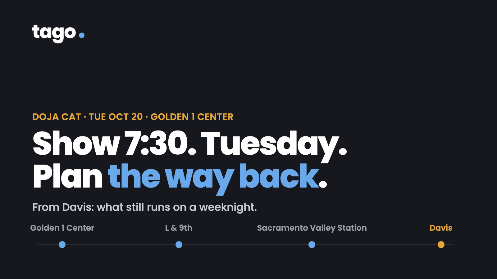 Dark card reading Show 7:30, Tuesday, plan the way back, above a rail line running from Golden 1 Center through L and 9th and Sacramento Valley Station to Davis.