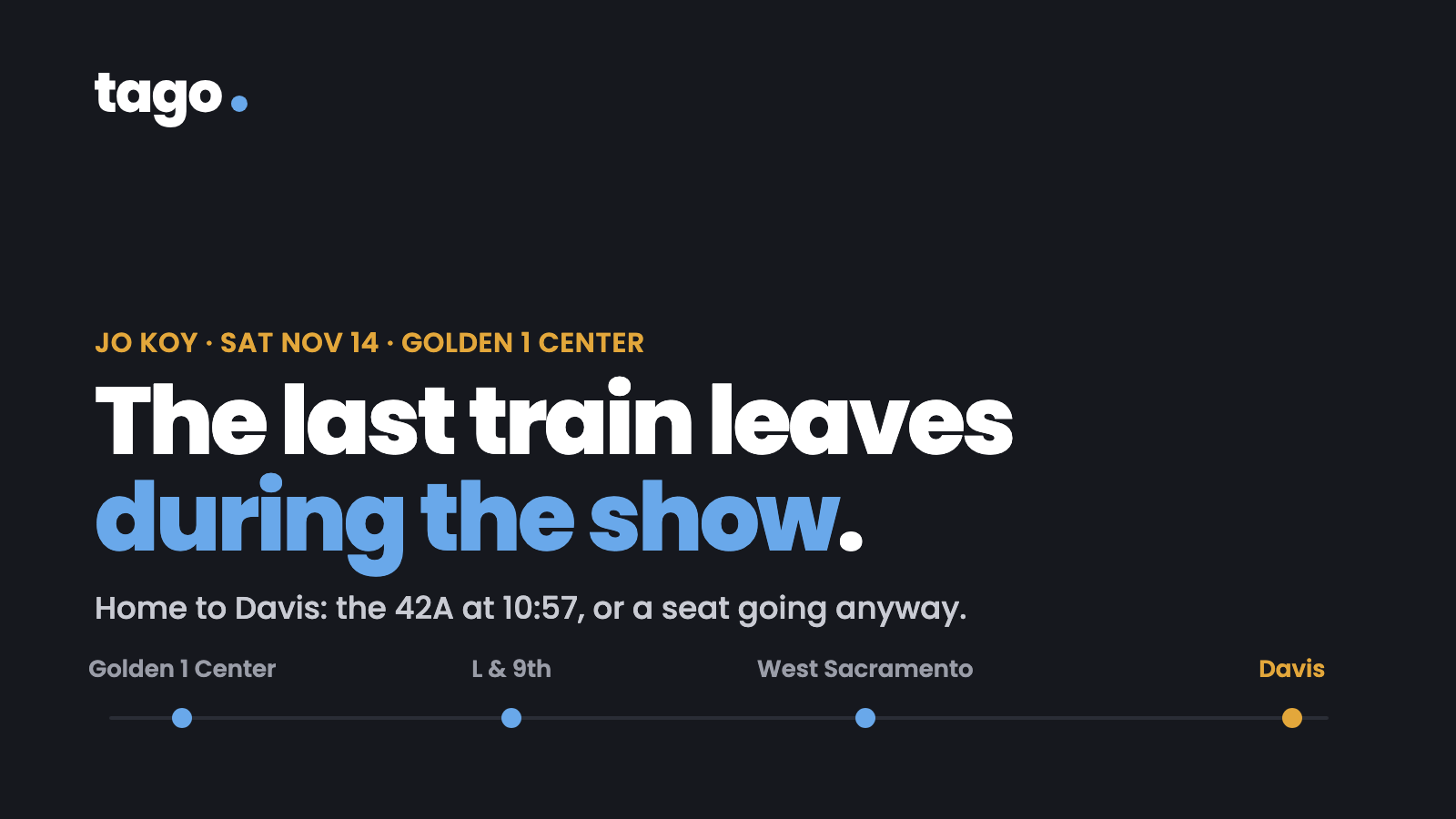 Dark card reading 'The last train leaves during the show', above a rail line running from Golden 1 Center through L and 9th and West Sacramento to Davis.