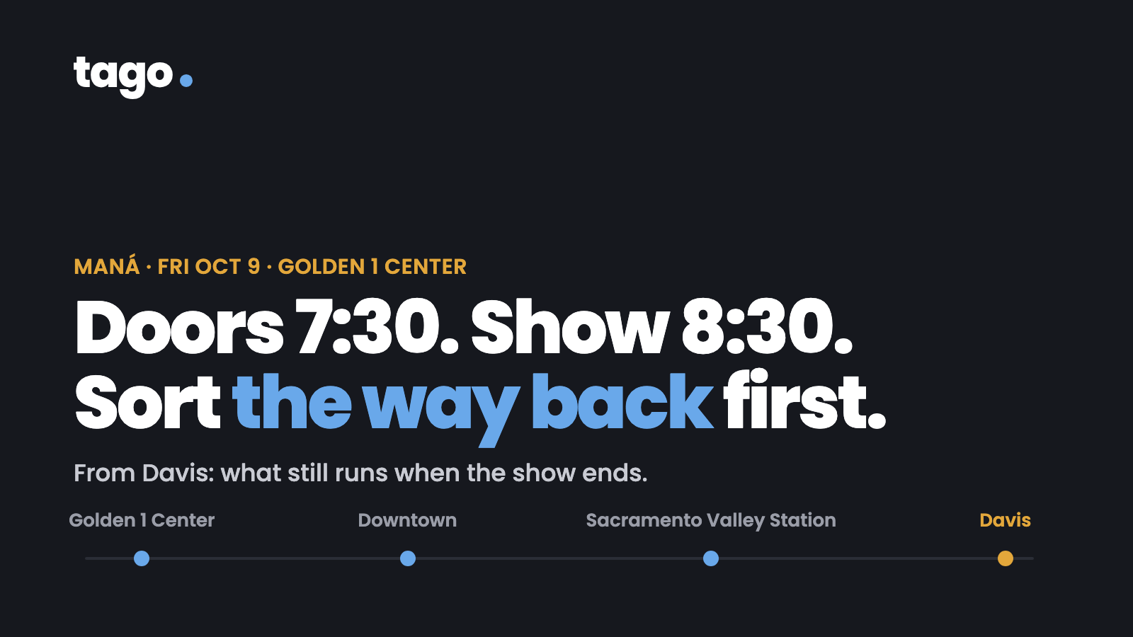 Dark card reading Doors 7:30, Show 8:30, sort the way back first, above a rail line running from Golden 1 Center through downtown and Sacramento Valley Station to Davis.