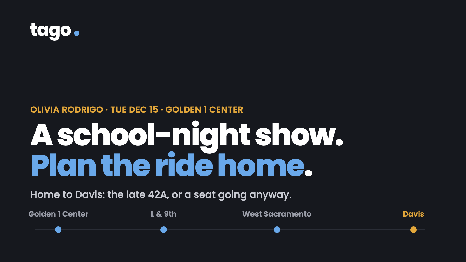 Dark card reading 'A school-night show. Plan the ride home.', above a rail line running from Golden 1 Center through L and 9th and West Sacramento to Davis.
