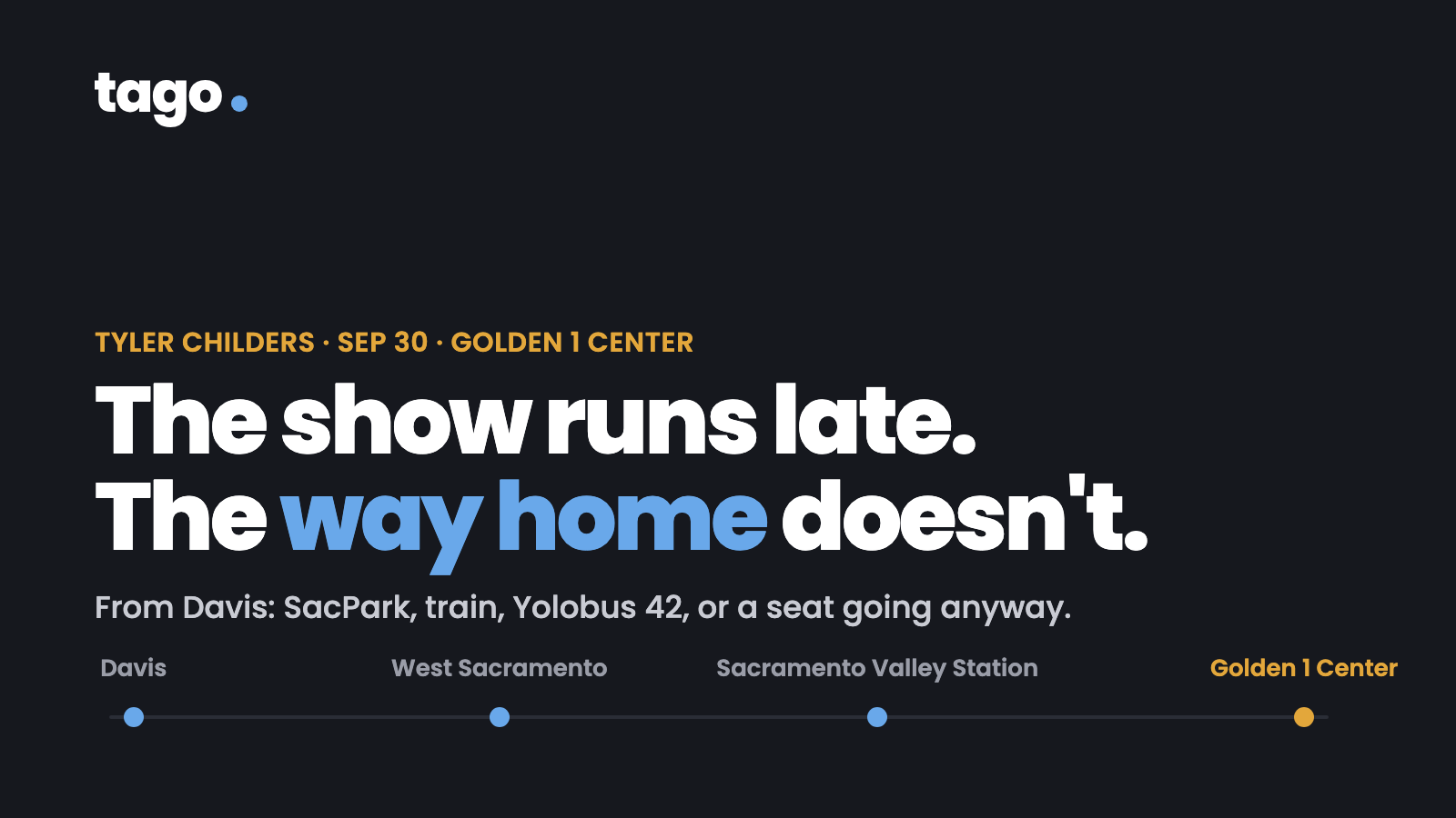 Dark card: The show runs late. The way home doesn't. A rail line from Davis through West Sacramento and Sacramento Valley Station to Golden 1 Center.